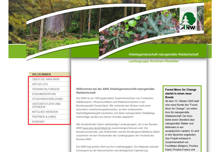 Menü der Webseite Menü der Webseite